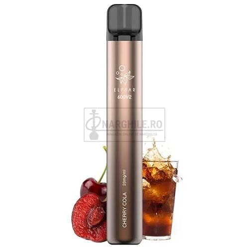 mini narghilea Elf Bar V2 Cherry Cola cu 600 de fumuri avand o aroma dulce de cirese si cola