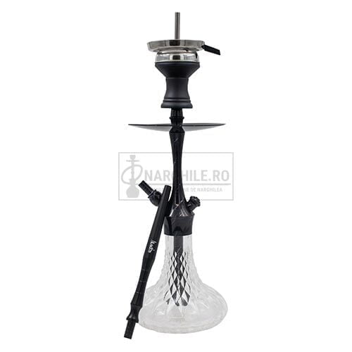 narghilea aladin alux marmor black cu loc pentru 2 furtunuri avand o inaltime de 38 cm de culoare neagra prevazut cu sistem click lock